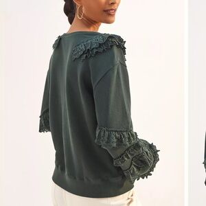 Anthropologie Maeve Green Ruffled eyelet Sleeve Sweatshirt size S VGUC